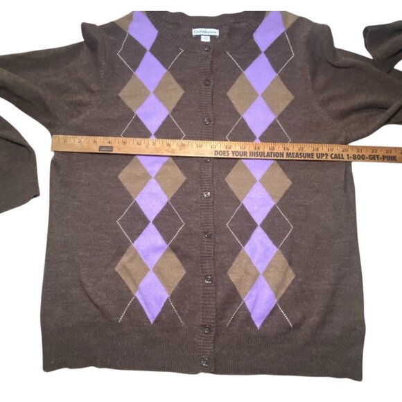 Croft & Barrow XL Brown Cardigan Sweater Purple Tan Argyle Preppy Academia - Picture 3 of 6